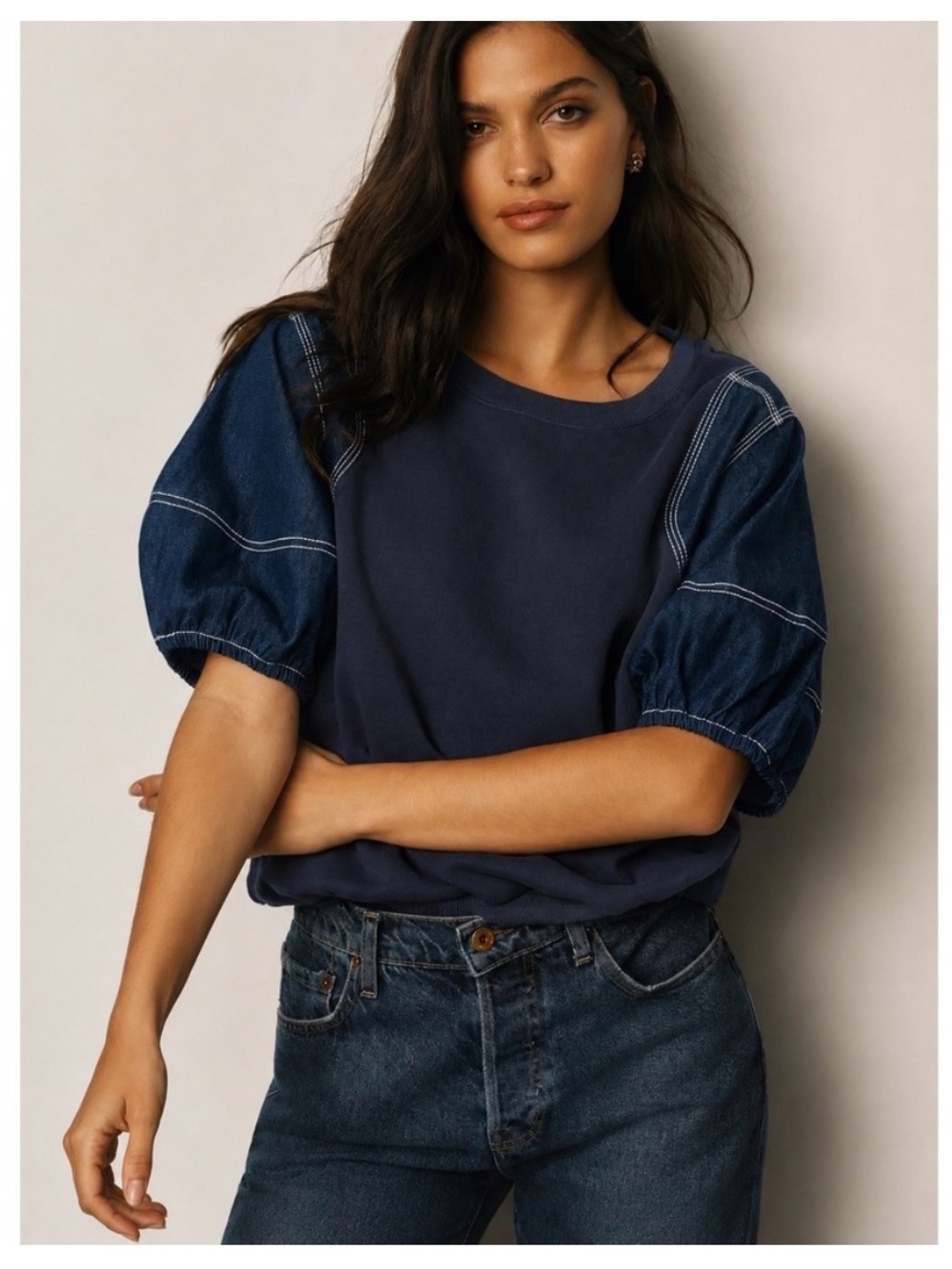 Anthropologie PILCRO Twofer Sweatshirt with Denim Puff Sleeves & White Stitching